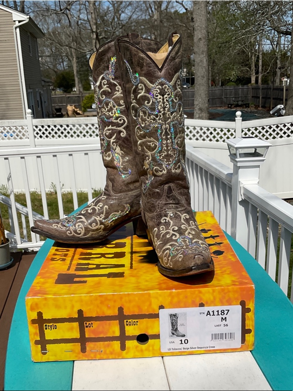 Corral Brown Cowboy Boots with Cream & Iridescent Embroidery